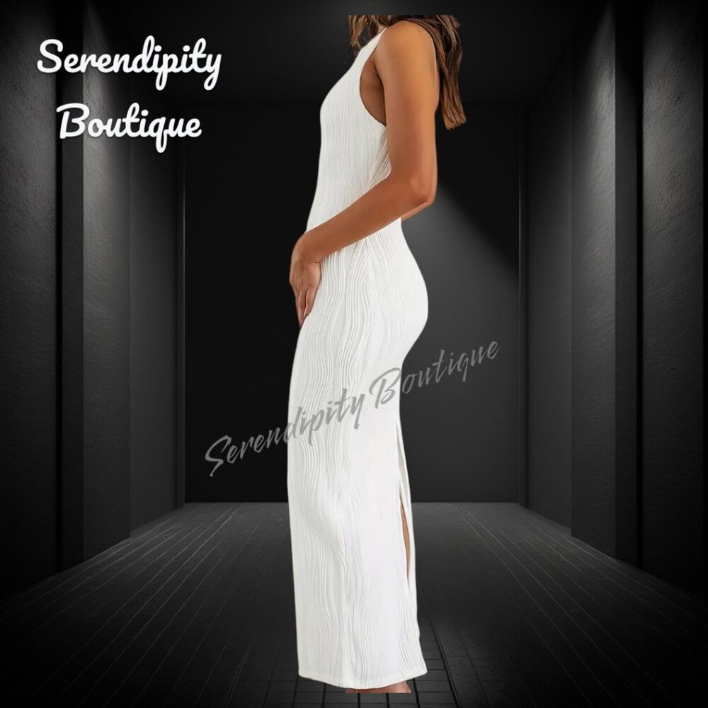 Luxurious Curve Hugging Super Stretchy Strappy Halter Tea Length Bodycon Dress - Picture 6 of 8